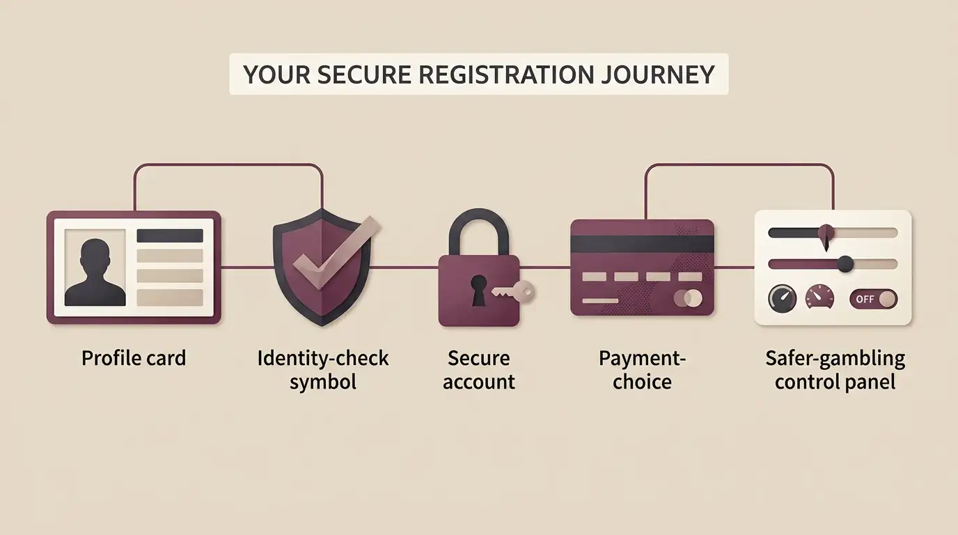 Editorial illustration of an online account registration flow with identity checks and safer gambling settings