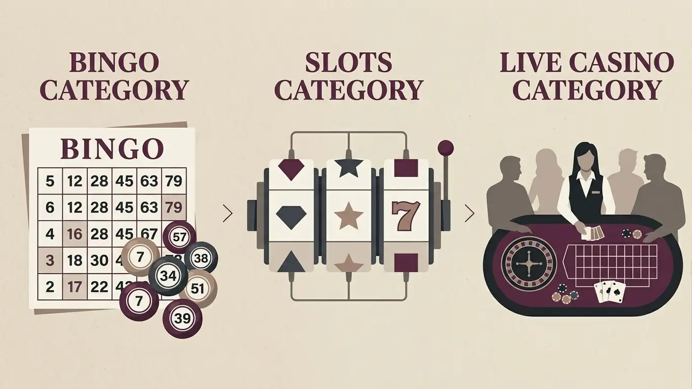 Original editorial illustration representing bingo, slots and live casino categories without real game interfaces