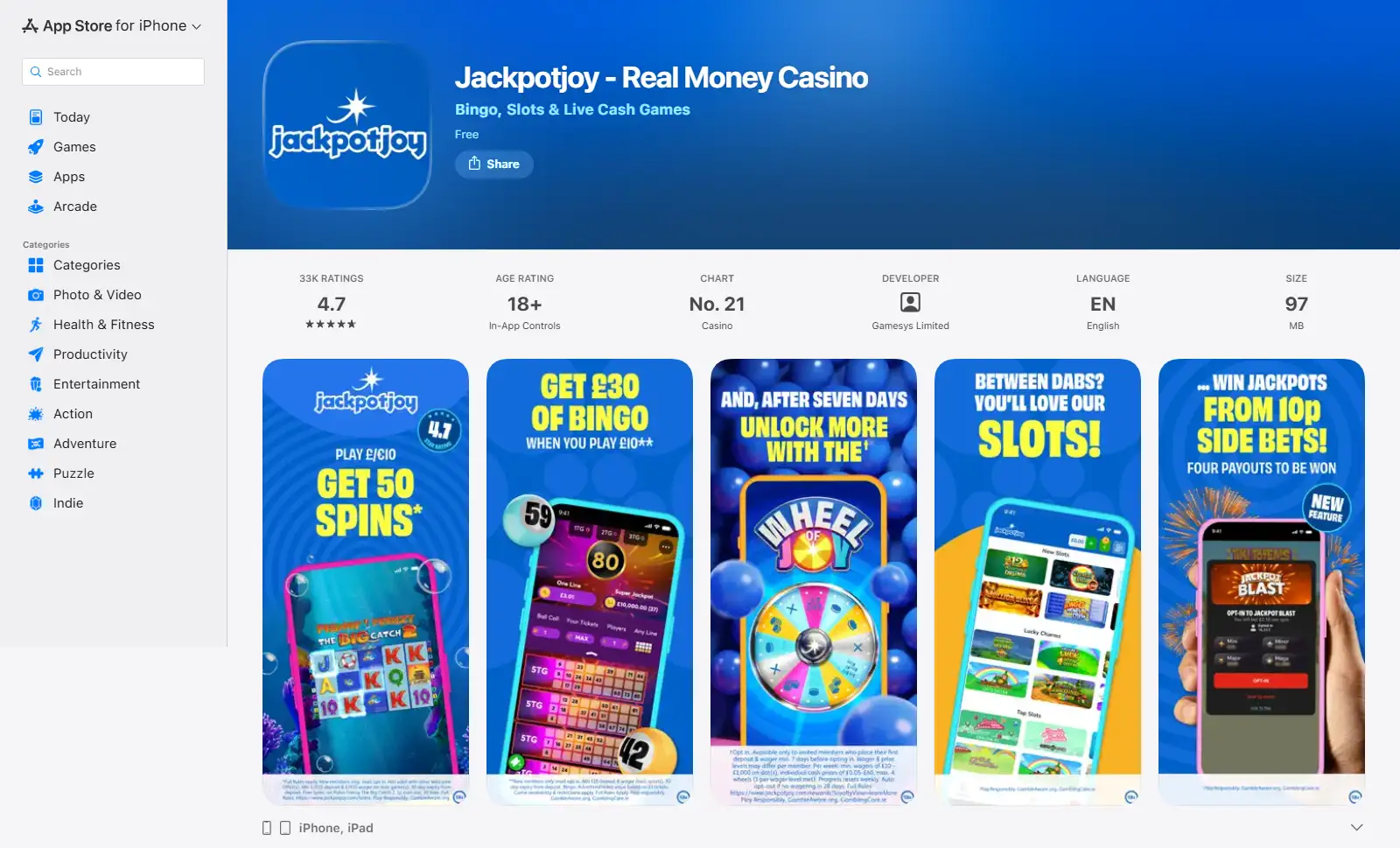 Current Jackpotjoy mobile app page or official app-store presentation