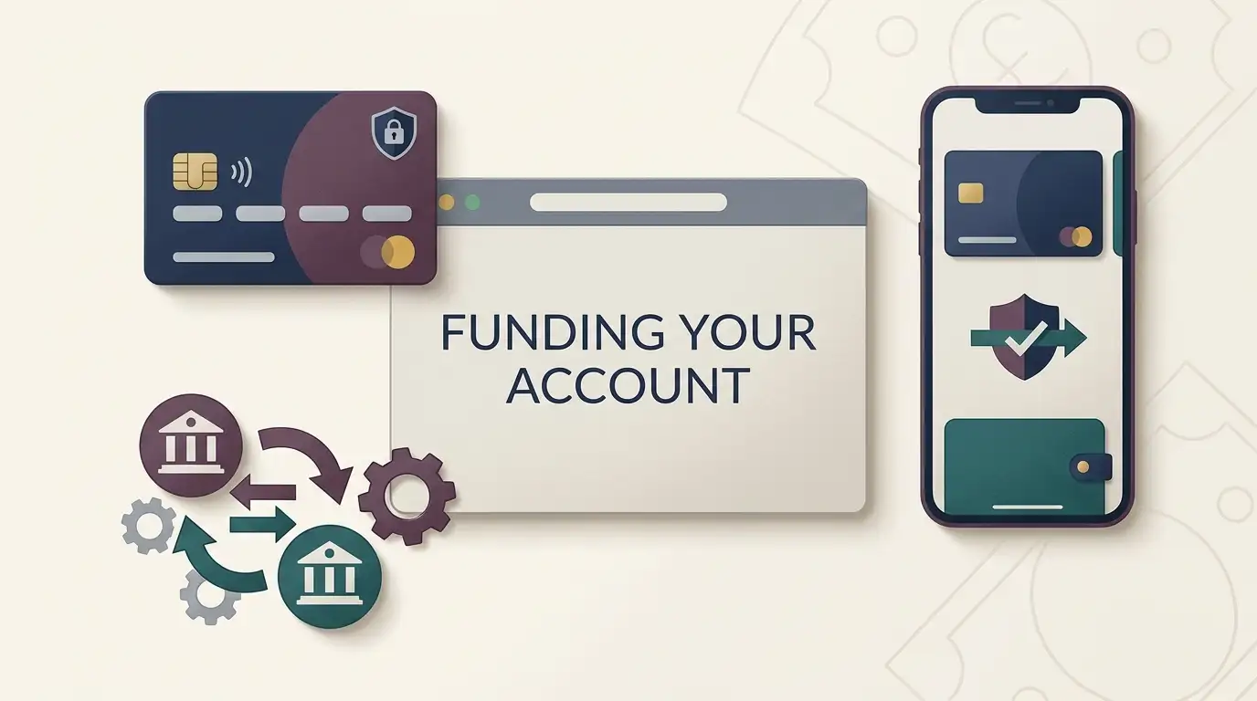 Editorial illustration of UK online payment methods using a debit card, phone wallet and bank-transfer symbols without brand logos