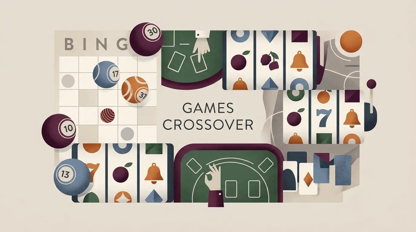 Editorial illustration representing bingo balls, slot-style shapes and live casino categories without brand logos