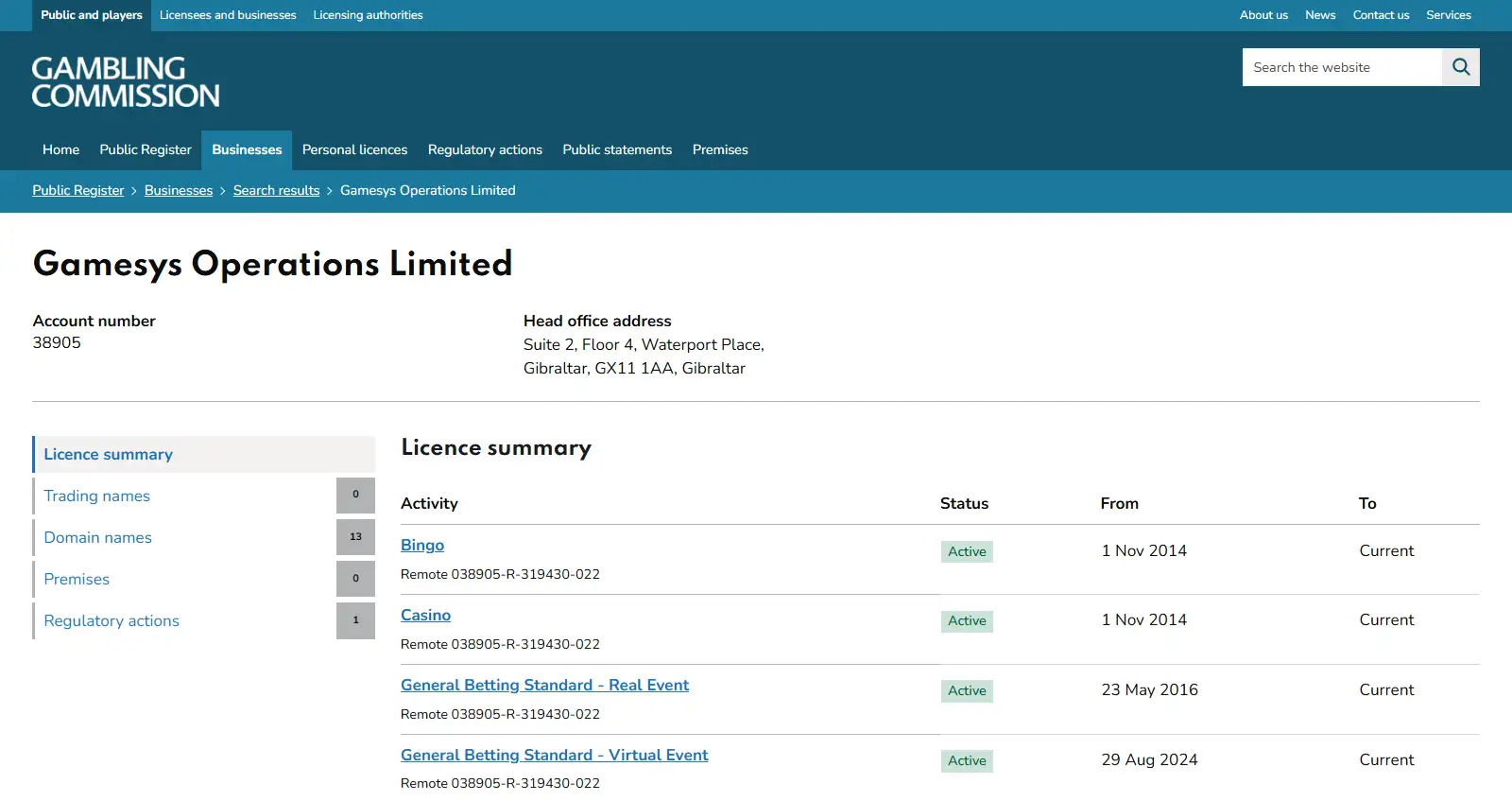 UK Gambling Commission register entry for Gamesys Operations Limited account 38905