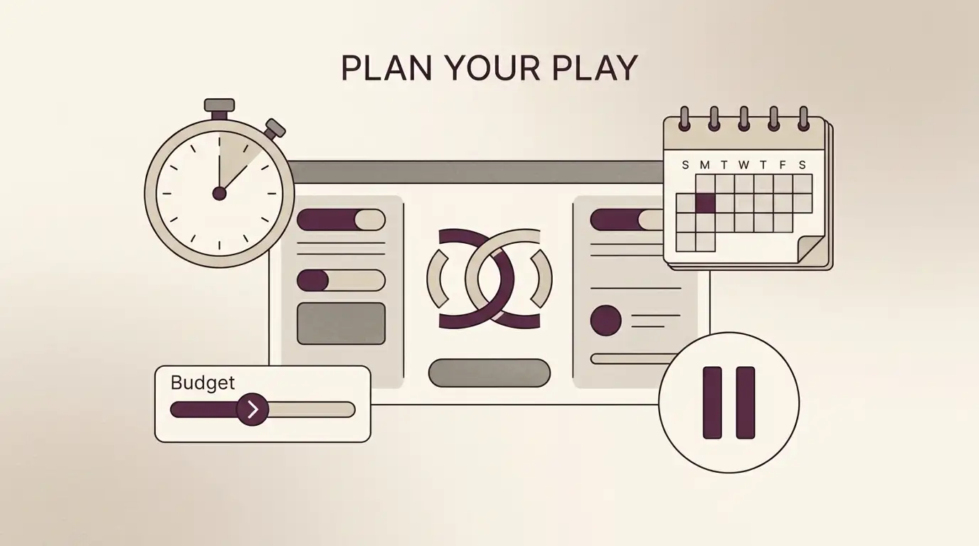 Editorial illustration of budgeting, time limits and safer gambling account controls without brand UI
